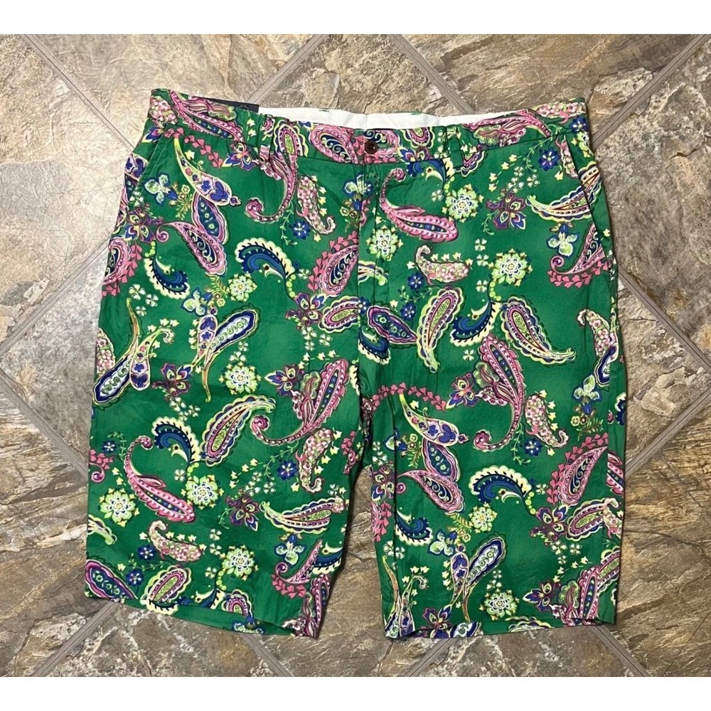 Polo Ralph Lauren Shorts Mens 40 Green Paisley New NWT Cotton Flat Front Casual
